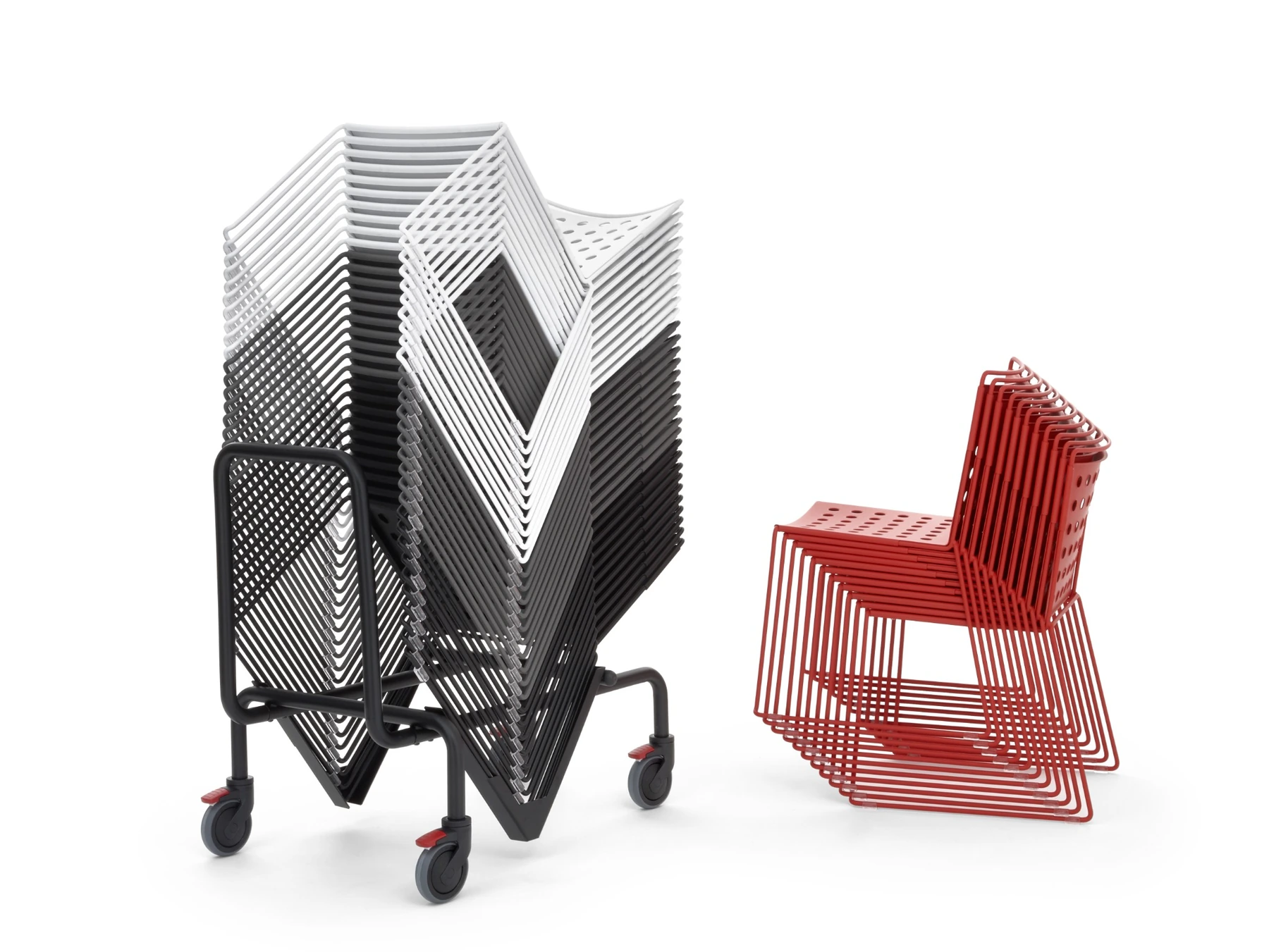 Busy chairs stacked on a trolley for movement and storage