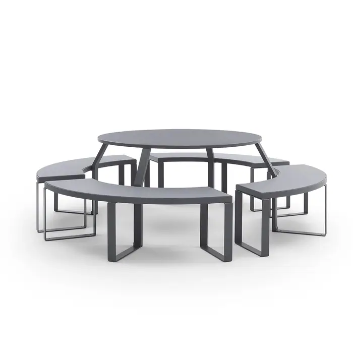 Sempreverde round picnic table with four curved benches in anthracite