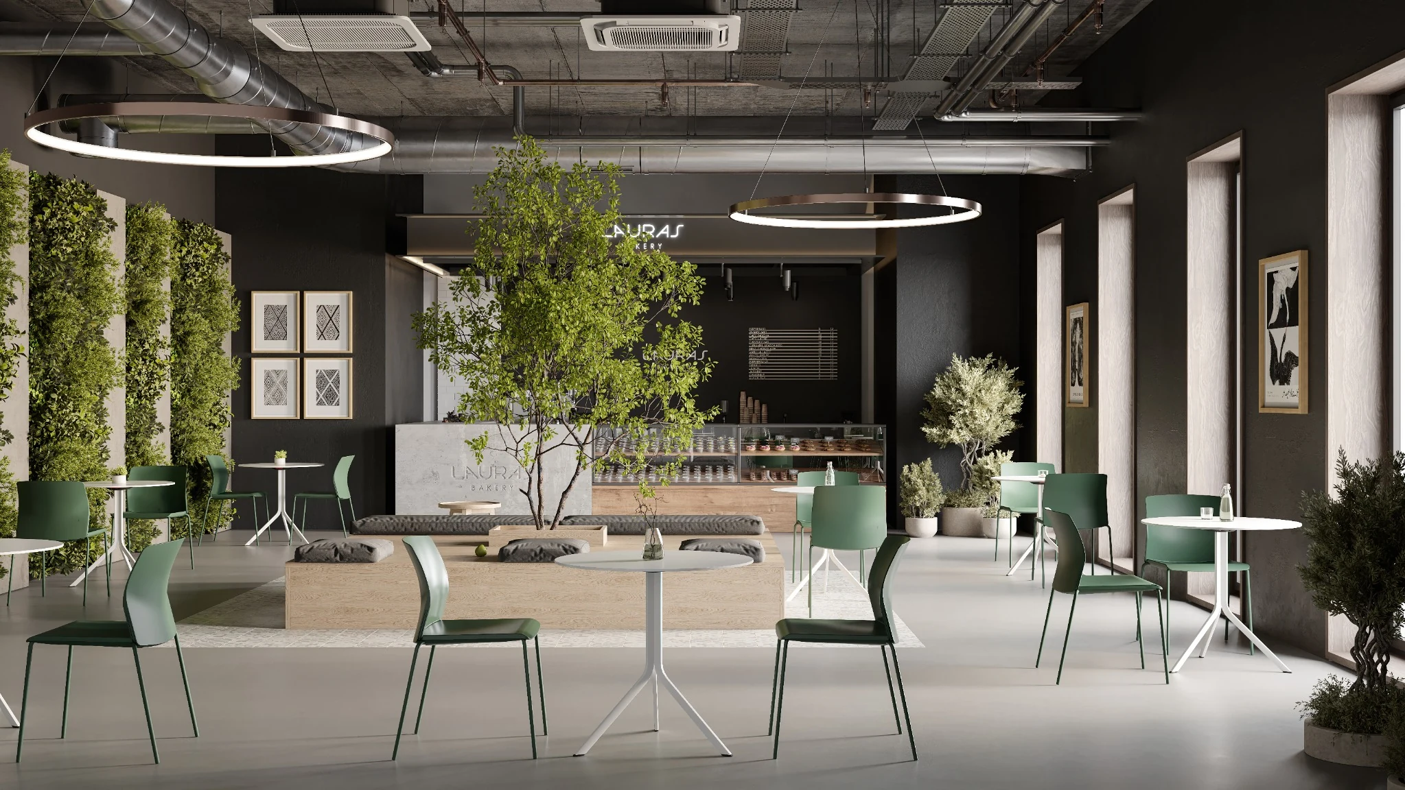 Oreka tables in a contemporary bakery and cafe interior