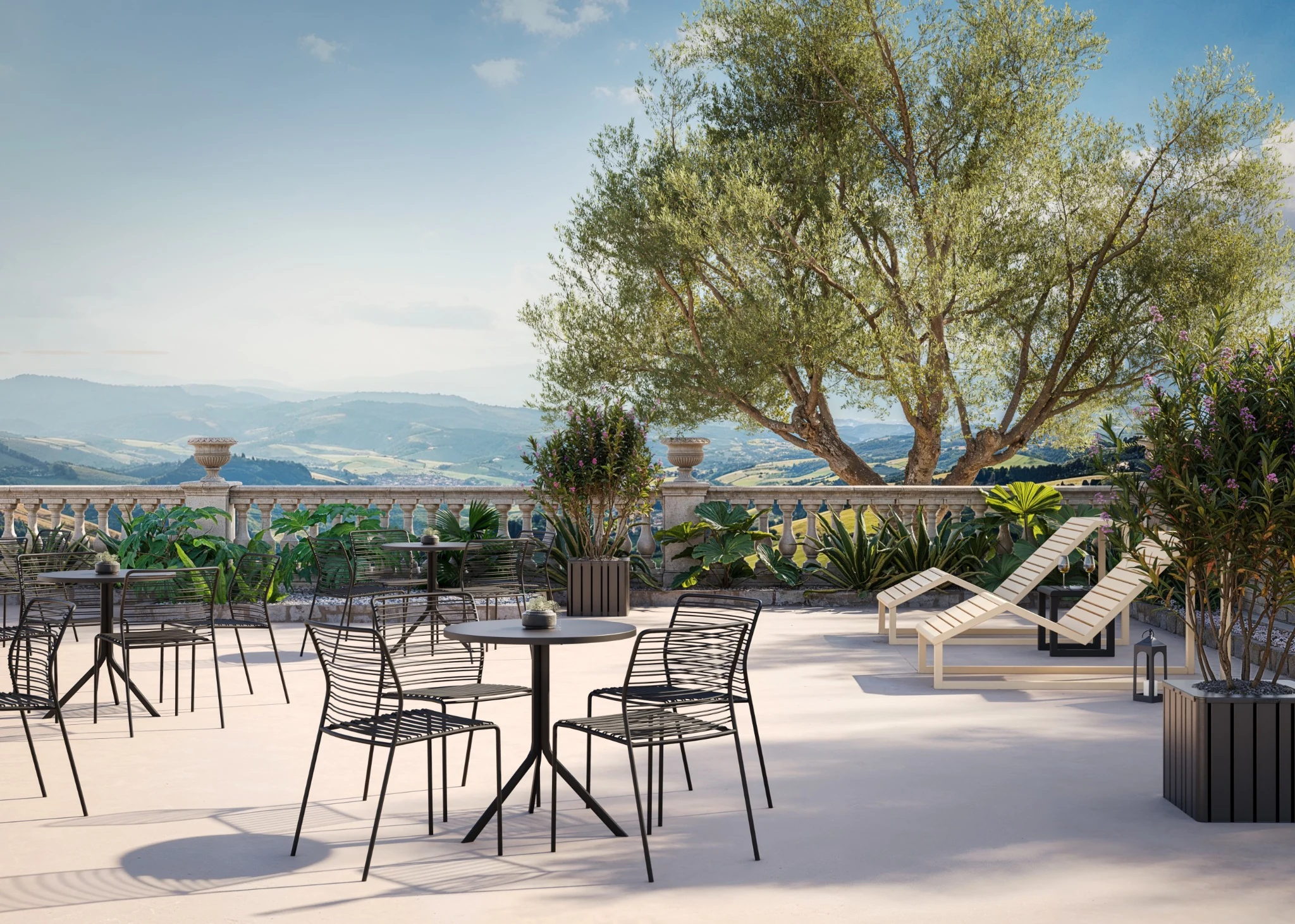 Libra Wire chairs paired with Oreka outdoor table