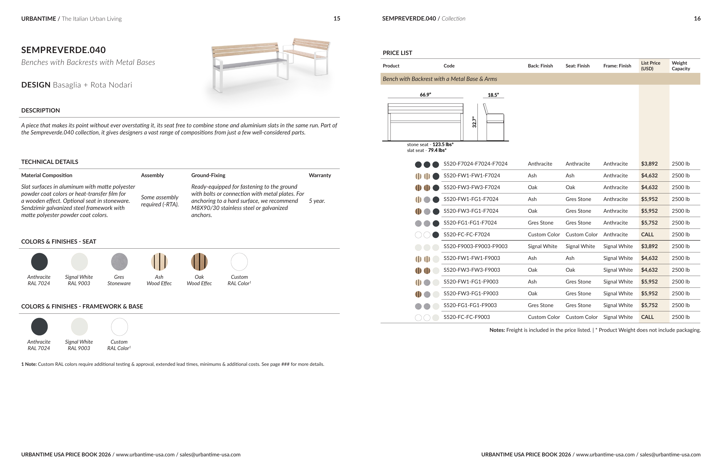 Sempreverde.040 2026 price book, spread 8 of 15 — Benches with Backrests with Metal Bases