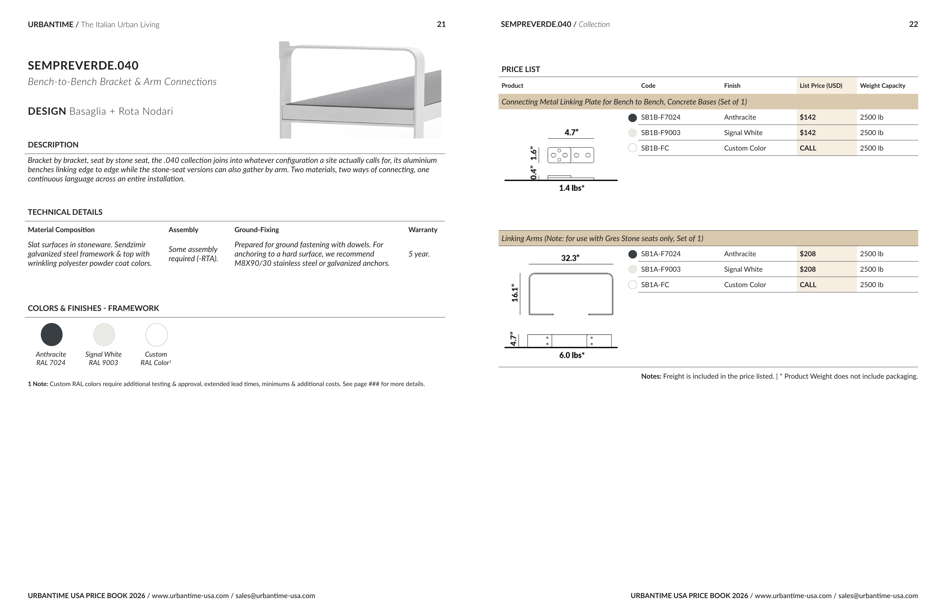 Sempreverde.040 2026 price book, spread 11 of 15 — Bench-to-Bench Bracket & Arm Connections