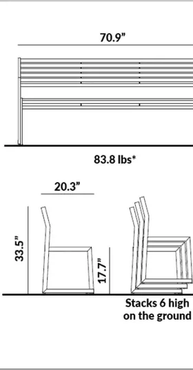 Triple Bench with Backrest (70.9” long) dimensions