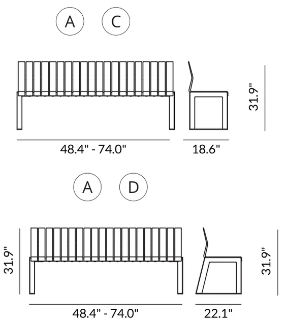2-Seat Bench with Backrest (47.2" long) dimensions