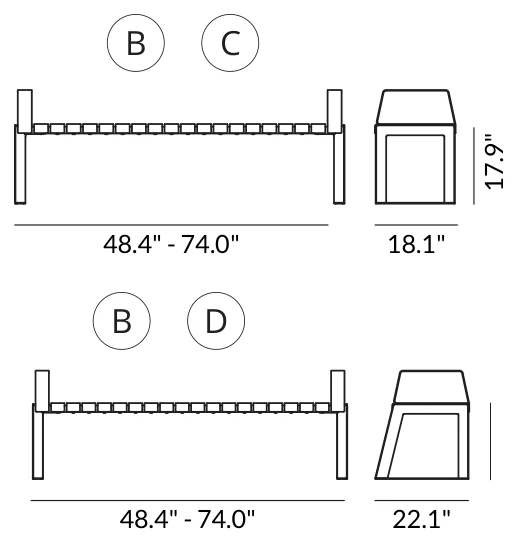 3-Seat Flat Bench with Armrests (74.8" long) dimensions