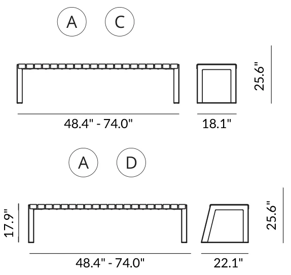 2-Seat Flat Bench (47.2" long) dimensions